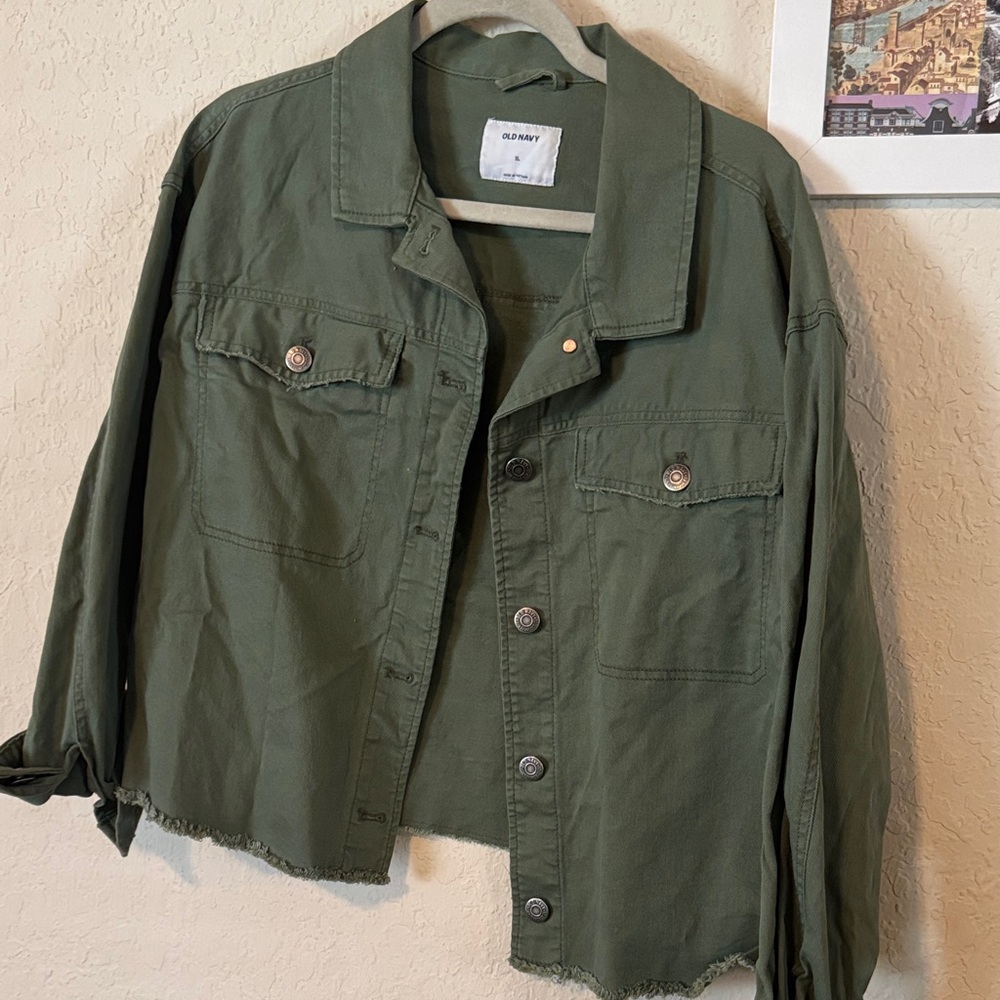 Cropped Green Denim Jacket